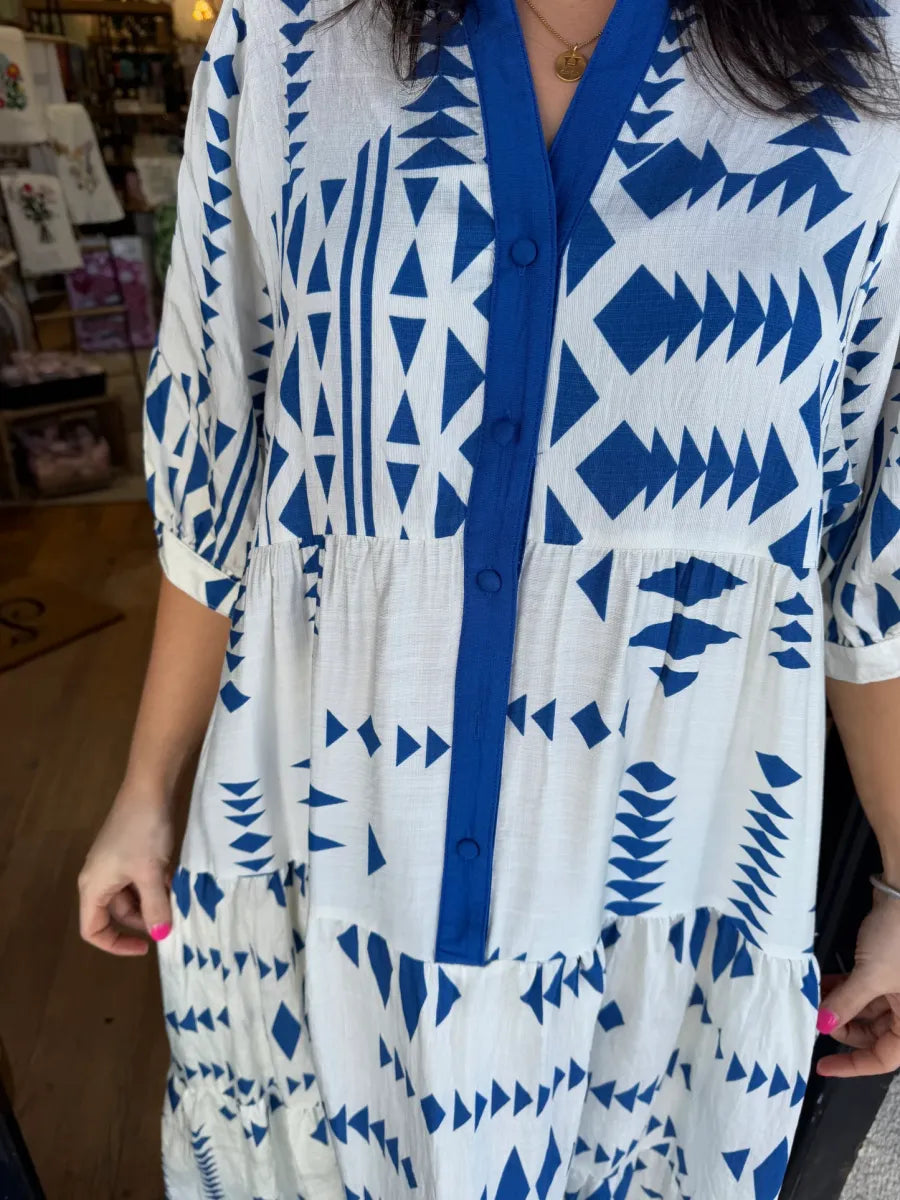 Hallie | Geometric Button-Down V-Neck Dress