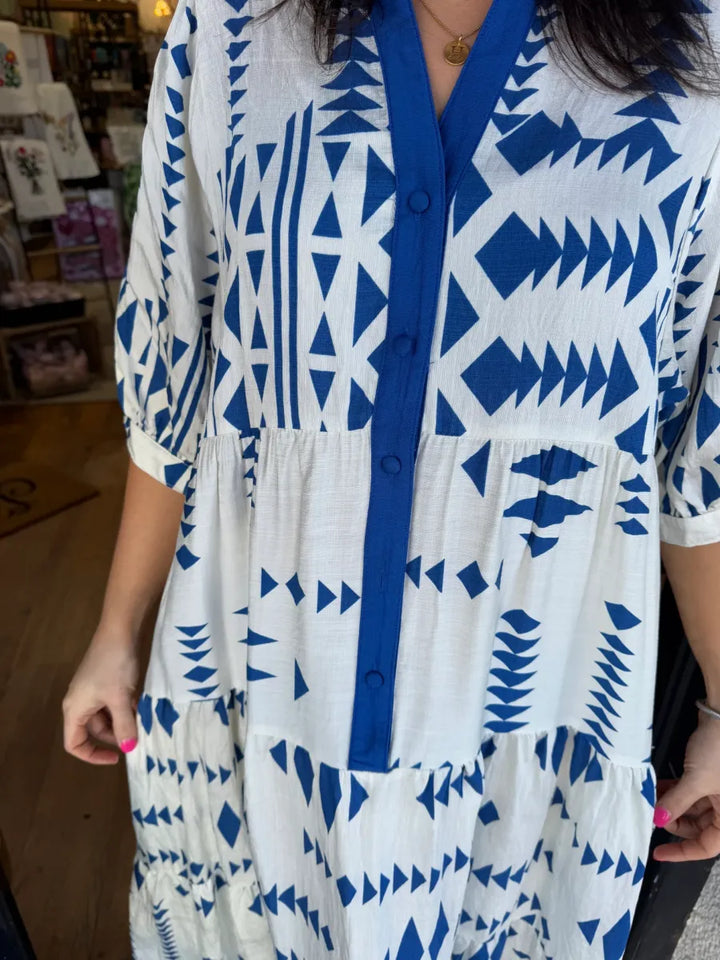 Hallie | Geometric Button-Down V-Neck Dress