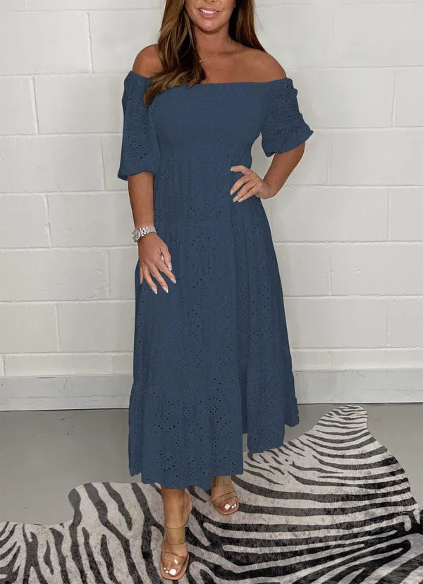 Katherine | Elegant Solid Flared Dress with Embroidery