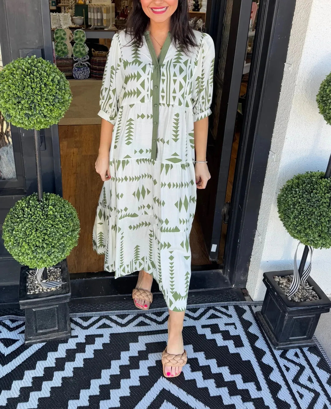 Hallie | Geometric Button-Down V-Neck Dress