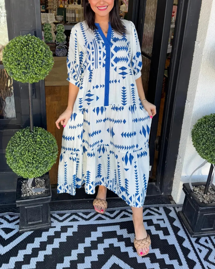 Hallie | Geometric Button-Down V-Neck Dress